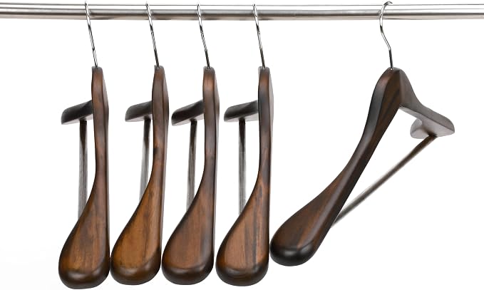 JS HANGER Wooden Suit Hangers - 6 Pack - Wood Coat Hangers,Jacket Outerwear Shirt Hangers,Glossy Finish with Extra-Wide Shoulder, 360 Degree Swivel Hooks & Anti-Slip Bar, Retro