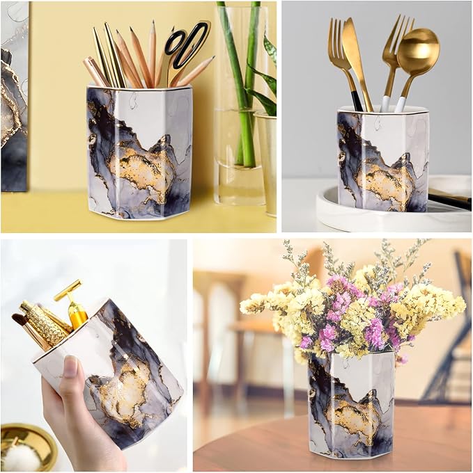 Ceramic Pen Holder for Desk Cute, Pencil Cup Pot Desk Organizer, Makeup Brush Holder for Women, Men, Kids, Desk Marble Decor for Office, Classroom, Home, Gray Golden