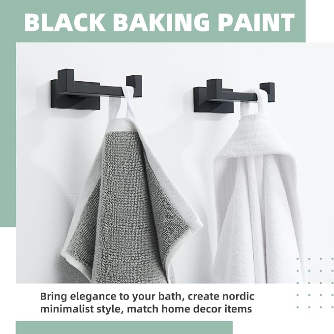 APLusee Double Bath Towel Hook 2 Pack, 304 Stainless Steel Square Dual Coat Holder, Modern Bathroom Kitchen Storage Hanger Wall Mounted, Matte Black