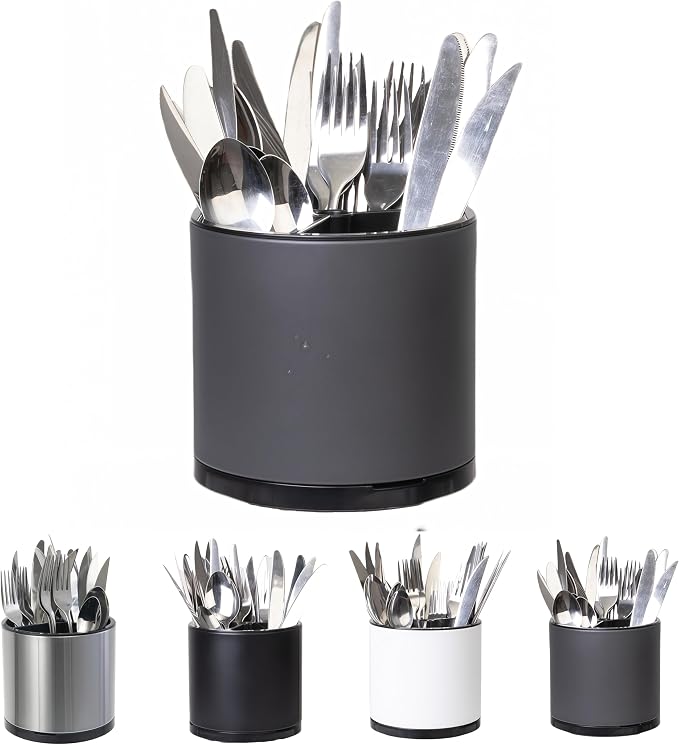 LIBODOUR Silverware Organizer Kitchen Utensil Holder 360°Rotating For Counter Organizer Stainless Steel Storage Silverware Caddy 3 Compartment Flatware Spoon Spatula Tool Cutlery Container(Grey)