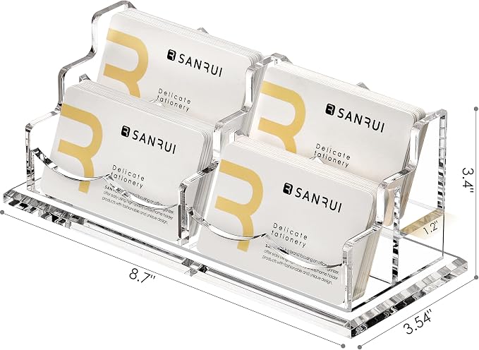 SANRUI Clear Horizontal Business Card Holder Stand for Desk, Acrylic Desktop Display Name Cards Holders Organizer Storage Rack,for Exhibition, Home, Office,2 Tier 4 Pocket, 240 Card Capacity