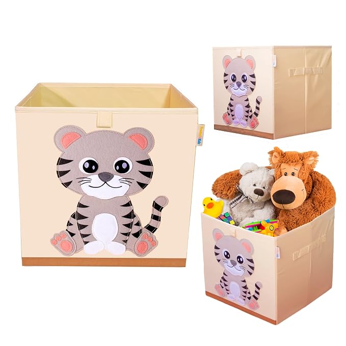 Washable Toy Organizers and Storage, Canvas Toy Chest Organizer Foldable Kids Toy Storage Organizers for Child's Bedroom or Playroom -13x13x13 Inch (Tiger Cub)