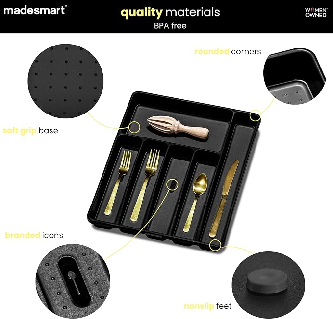 madesmart Premium Silverware Tray, 6 Compartment Flatware Organizer for Forks, Knives & Spoons, Non Slip, Soft Grip Lining, Durable Drawer Organizer, Black