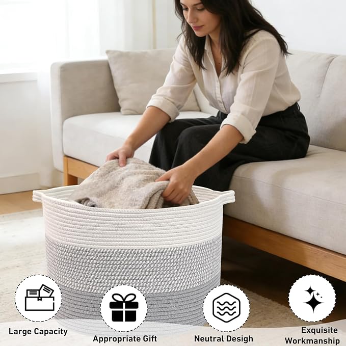 115L Extra Large Blanket Basket,Woven Rope Laundry Basket Hamper with Handles, Decorative Nursery Basket Storage Bin for Toys, Clothes Organizer, Living Room, Bedroom, Bathroom, Grey