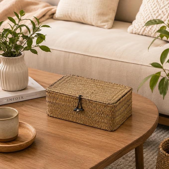 Wicker Basket with Lid, Natural Seagrass Storage Baskets for Organizing, Woven Basket for Storage, Decorative Boxes Bins with Lids Home Organizer Decor (Black, 9.05" x 5.11" x 3.34")