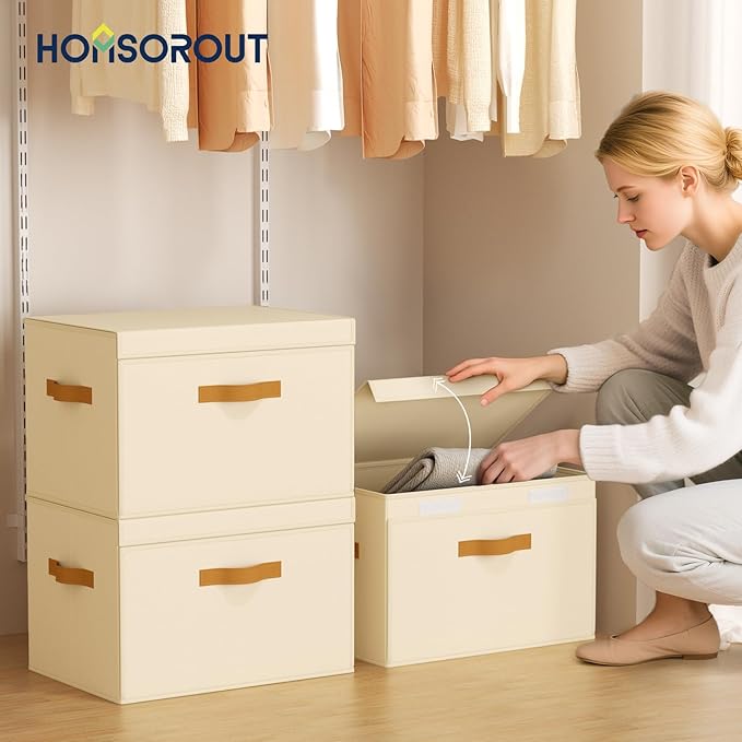 Homsorout Large Storage Bins with Lids - Front Opening Fabric Storage Bins, Flap Closet Organizer with Handles, Collapsible Boxes with Lid, Decorative Basket for Home, Dorm, 4 Pack, Beige