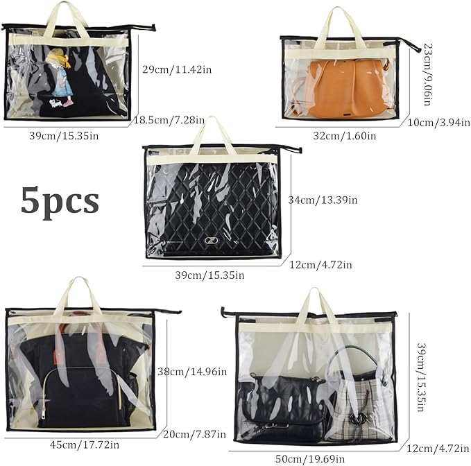 Gcroet Handbag Storage, Handbag Organizer Dust Cover Bag Transparent Anti-dust Purse Storage Bag for Hanging Closet with Zipper and Handle Space-Saving Storage Bag(5 Pack)