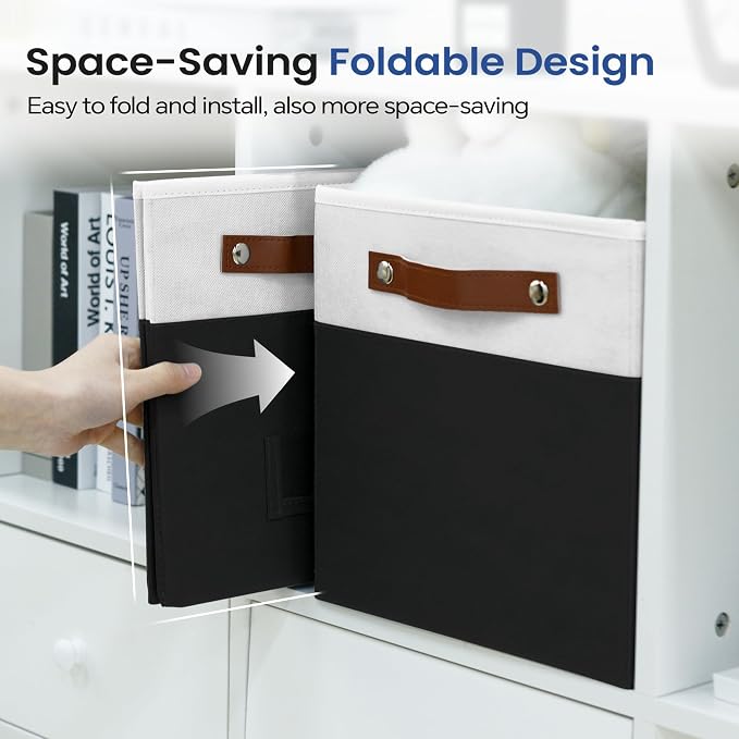FinishingBo 6-Pack Storage Cubes with Handles & Label Holders Basket, Closet Cube Home Organizer Bins(White/Black, 10.5 x 10.5 x 11 inch)