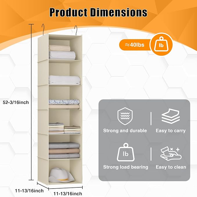 Hanging Closet Organizer 6-Shelf, Oxford Fabric Wardrobe Storage, Beige | Easy-mount foldable design holds clothes, handbags, shoes & accessories; washable Oxford fabric, sturdy and space-saving.