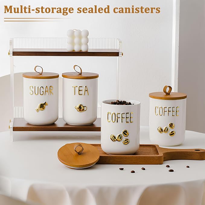 Simcat 27oz Ceramic Canister Set with Airtight Seal Bamboo Lid and Silicone Seal Damp-Proof Kitchen Jar Tea Coffee Sugar Canister Set Food Storage Containers (Portable sealed jar-(sugar))