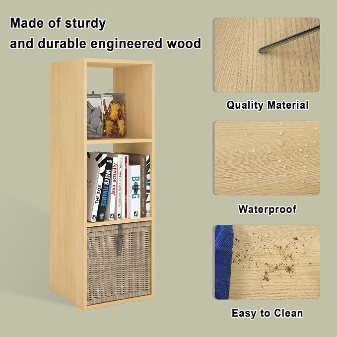 3 Cube Shelf with Anti-Tipping Kits + Reversible Open Back Bookcase, Multi Layer and Multi Grid Partition Layout (Oak 11in)