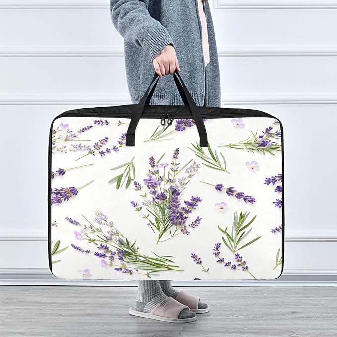 Blueangle Lavender Flowers Clothes Storage Bag Organizer 100L Large Capacity Clothing Storage Containers for Comforters, Blankets, Foldable with Dual Zipper