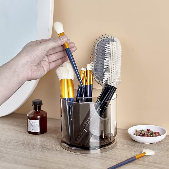 Makeup Brush Holder Organizer, Rotating Makeup Organizer for Vanity | Rotating 360° Clear Storage Cup Containers, Spinning Pen Holder for Desk, Round Make up Brush Stand with 5 Slots (Grey)