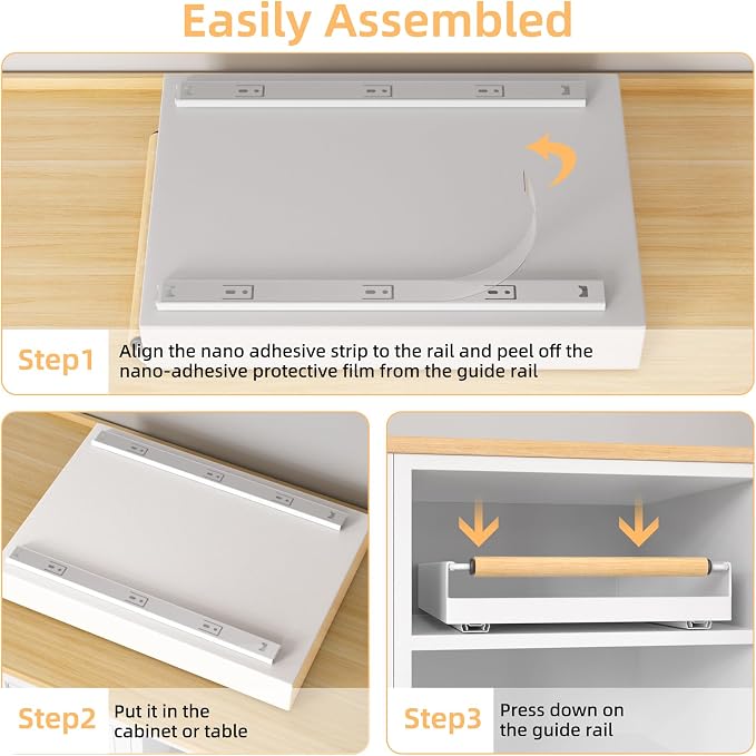 Pull Out Cabinet Organizer, 15.3'' Deep Expandable Slide Out Cabinet Organizer Fixed with Adhesive Nano Film, Slide Out Drawers Pull Out Tray for Cabinet in Kitchen, Pantry, Bathroom, White