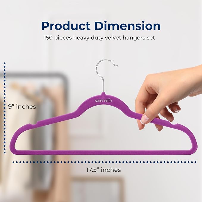 SereneLife Velvet Hangers – 150 Pack, Slim & Space Saving for Closets | Soft velvet grip prevents slipping on silk, satin & knitwear – 360° swivel hook fits all standard closet rods