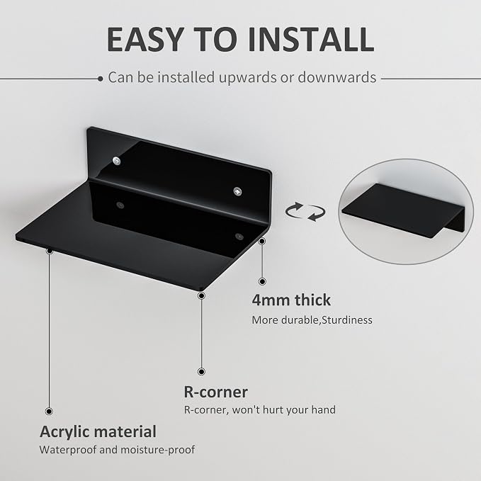 9 Inch Black Wall Shelves 4 Pack, Acrylic Wall Mounting Ledges Display, Acrylic Display Wall Shelf for Funko Pop Figures, Collectibles, Plants, Décor, Toiletries, Spices Jars, 4 Pack