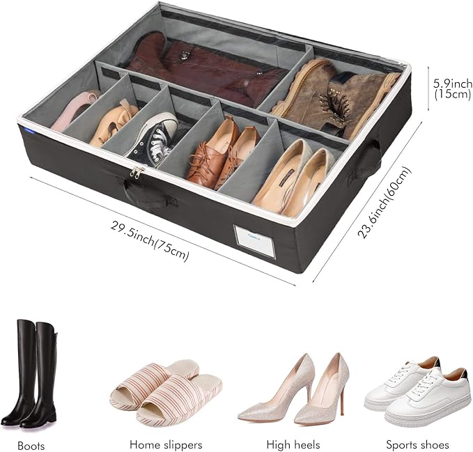 Surblue Shoe Storage Organizer Under Bed Adjustable Dividers Oxford Container Closet Storage Solution with Clear Cover and Handle for Clothing Boots Blankets Sweaters Toys,10 Pairs