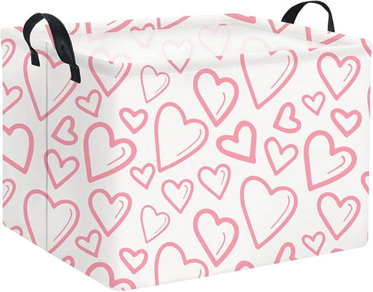 Rectangular Valentines Basket for Home Kitchen Girls Cute Kids Storage Bin Organizer Shelf Book Room Decor(Pink Line Hearts)