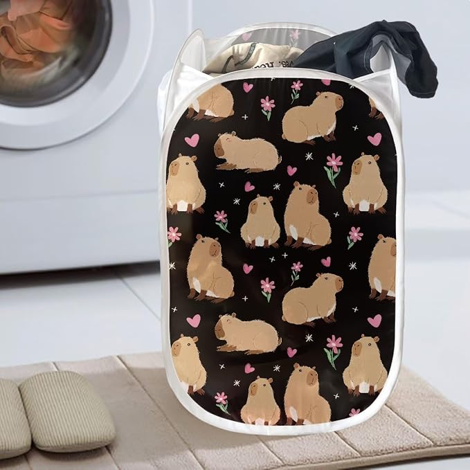 AFPANQZ Capybara Print Pop-Up Laundry Hamper with Side Pocket Mesh Fabric Collapsible Design for Clothes Laundry Home Organization Foldable Nursery Hampers 61L