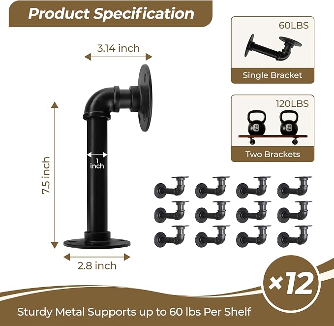 Industrial L Pipe Shelf Brackets for 8-16 in Depth Wood Heavy-Duty 3/4" Iron,Wall Mount Floating Shelf Bracket L Metal Pipe Shelving Brackets for Wood-Black DIY Pipe Shelves(7.5*3.1 Inch 12 Pack)