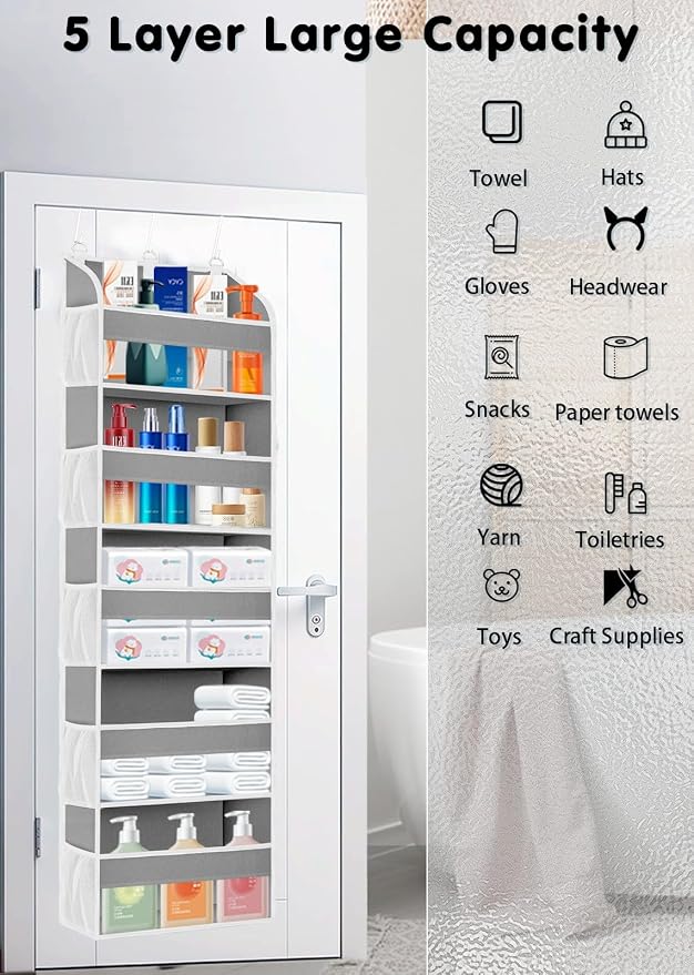 TAHAVICE 1 Pack Over The Door Storage Organizer with 5 Large Pockets | 44 lbs Weight Capacity Door Hanging Organizers with 10 Mesh Pockets for Bedroom,Bathroom,Nursery,Kidroom(Light Gray)