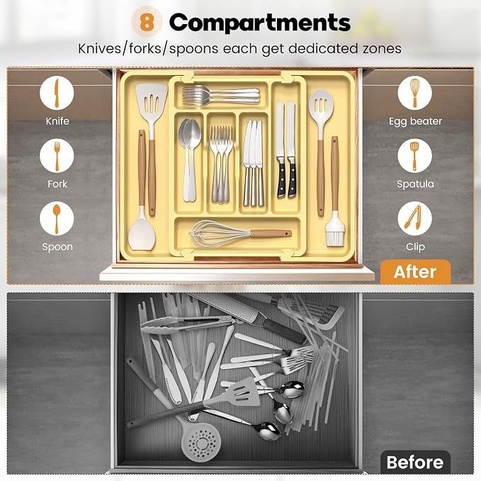Caperci Large Silverware Organizer for Kitchen Drawer & Utensils - Expandable Drawer Organizer for Cutlery, Flatware & Gadget, BPA-Free Thick Plastic, Wider Compartments & Non-skid Feet (Desert Sand)