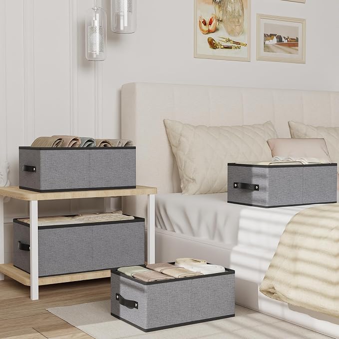 Storage Baskets with Handles,16.1×9.8×6.5In,Gray Boxes,4Pack | Storage Bins for Shelves,Foldable Clothing Drawer Organizer,Closet Containers for Home,Office,Large Fabric Cubes