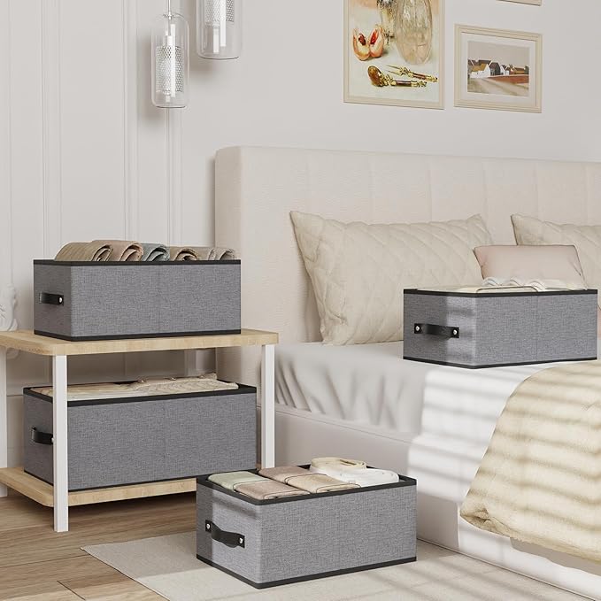 Storage Baskets with Handles,16.1×9.8×6.5In,Gray Boxes,2Pack | Open Storage Bins for Shelves,Foldable Clothing Drawer Organizer,Closet Containers for Home,Office,Large Fabric Cubes