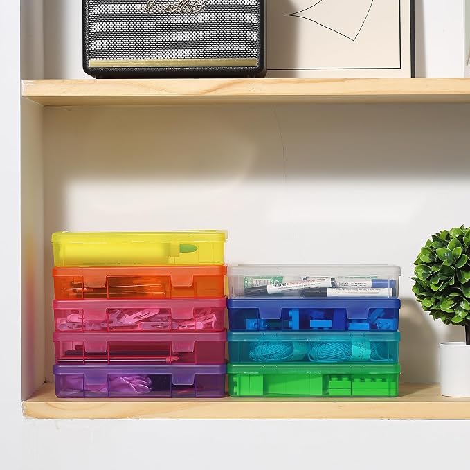 novelinks Clear Pencil Box and Small Plastic Storage Containers with Lids | 9 Pack, Medium Color, Plastic Pencil Boxes, Board Game Storage Containers, Task Boxes for Special Education, Mini Organizer