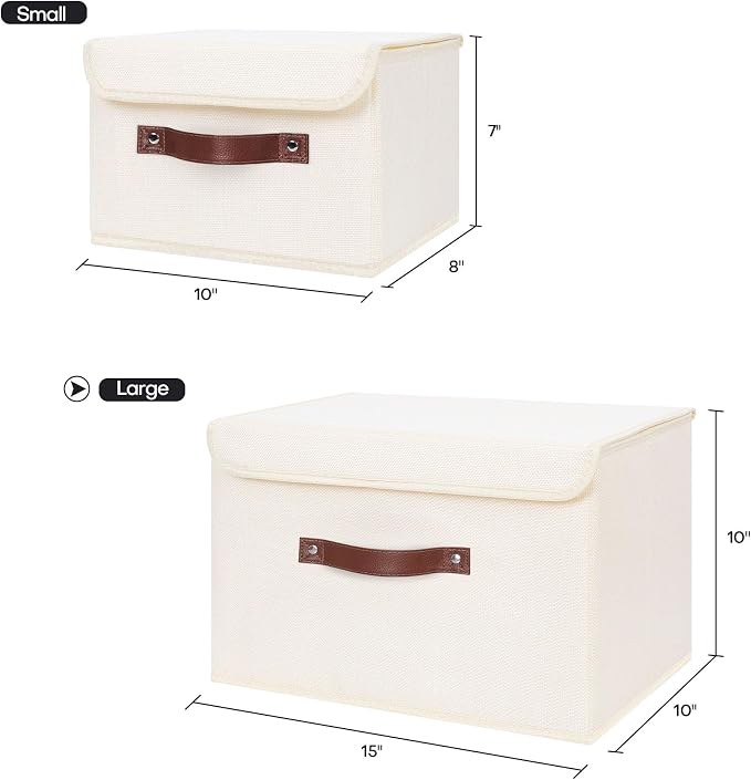 ANMINY Storage Bin with Lid Storage Boxes with PU Leather Handles PP Plastic Board Decorative Foldable Lidded Cotton Linen Fabric Home Cubes Baskets Closet Organizer Container - Beige, Large Size