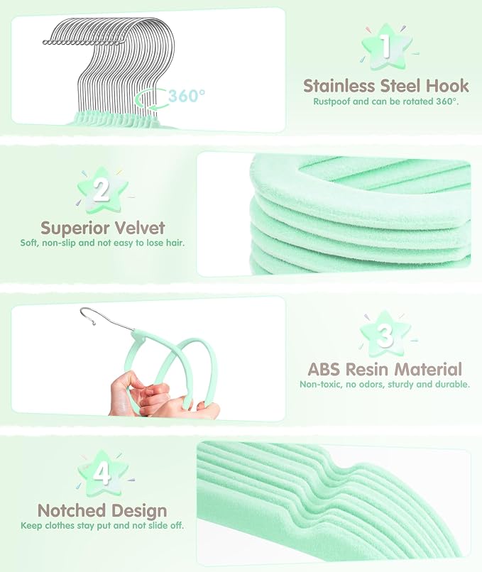 VIS'V Velvet Baby Hangers with 6 Pcs Dividers, 11 Inch, Mint Green, 30 Pcs | Compact Size, Non Slip, Infant Toddler Nursery Closet Organization