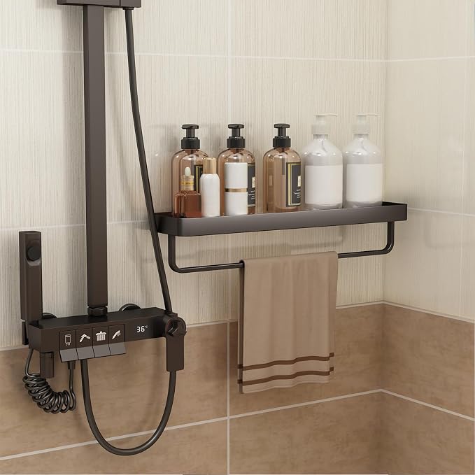 Danpoo 20 Inch Long Floating Bathroom Shelf with Towel Bar, Clear Tempered Glass Wall Shelf for Bathroom Storage Organizer, Matte Black