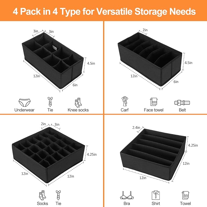 GOGOODA 4 Pcs Underwear Drawer Organizers Divider, Closet Socks Organizer and Storage Boxes for Lingerie, Bra, Undies