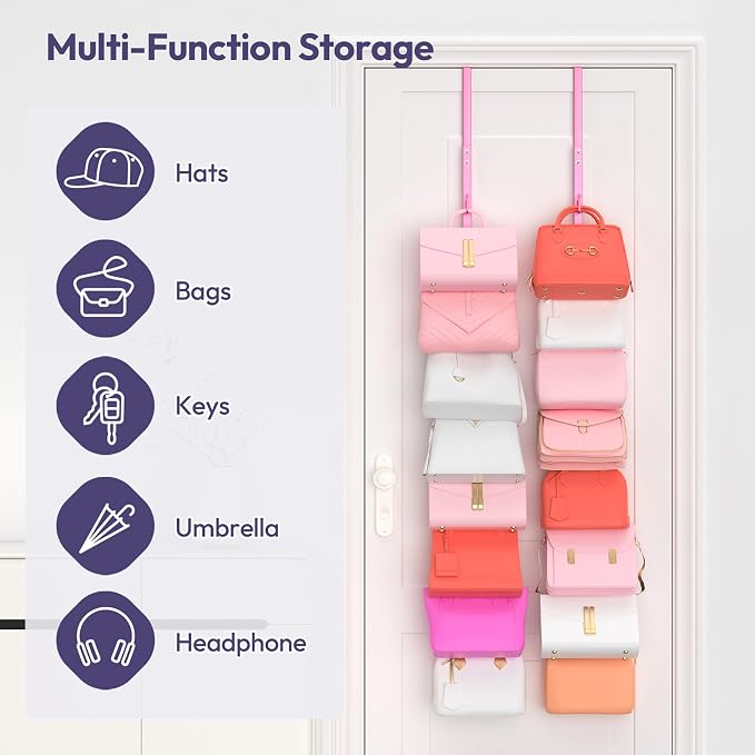 SWTYMIKI Over the Door Purse Organizer - 2 Packs Wall Mounted Purse Rack with 8 Hooks Design, Hanging Handbag Organizer Storage Holds up to 16 Bags, Bag Rack for Closet, Door(Pink)