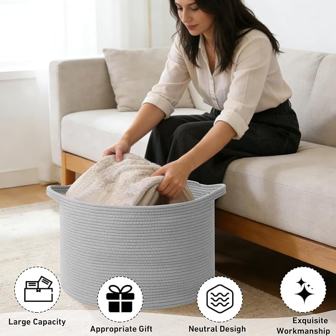 65L Large Blanket Basket,Woven Rope Laundry Basket Hamper with Handles,Decorative Nursery Basket Storage Bin for Toys, Pillows , Clothes Organizer, Living Room, Bedroom, Bathroom, Light Gry