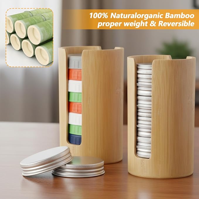 2Pcs Mason Jar Lid Organizer, Bamboo Vertical Storage Holder, Mason Jar Accessories, Bamboo Storage Holder for Home Kitchen Organization & Tumbler Lids (Wide Mouth)