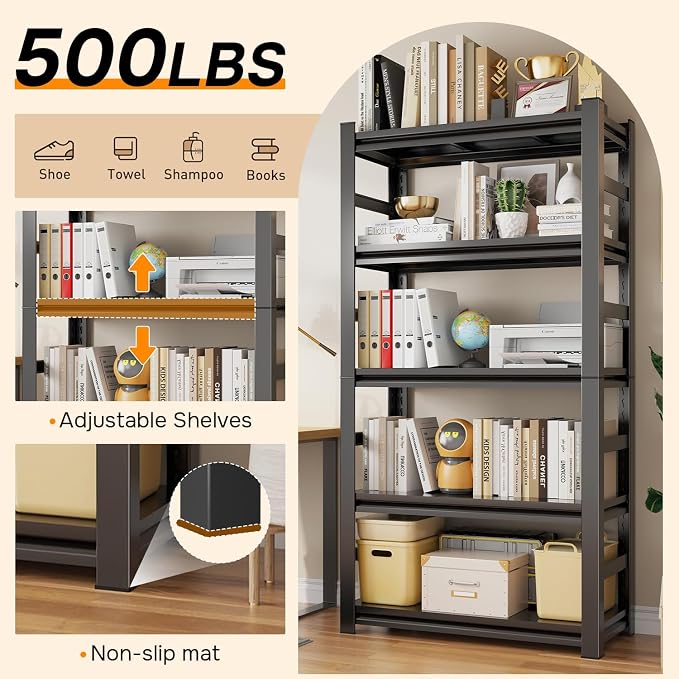 Deep Bookshelf for Storage, 5-Tier Tall Metal Bookcase, Heavy Duty Industrial Book Shelves for Large Books & Binders, 18-Inch Deep