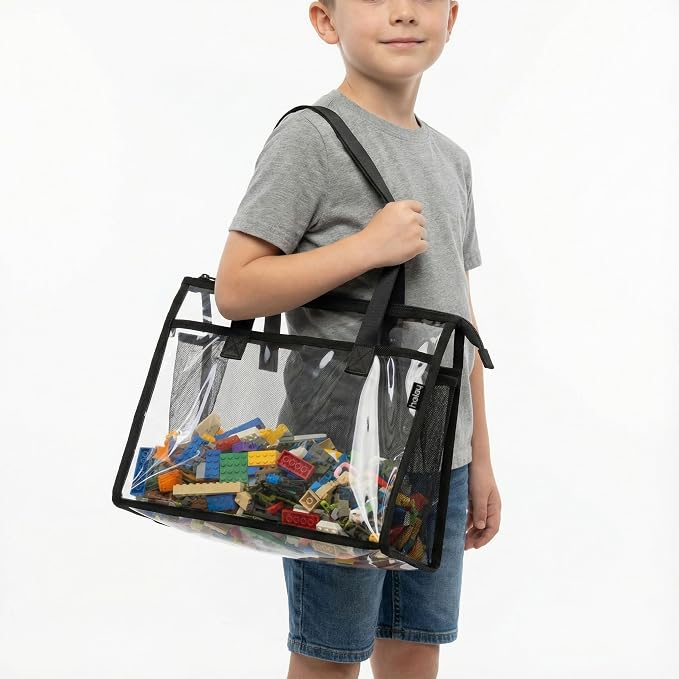 holay 4 Pack Clear Toy Storage Bags with Handle –Playroom Organizer Bins for Kids Toys, Board Games, Busy Bags, and Homeschool Supplies, Transparent PVC Front & Reinforced Base (Black, X-Large)
