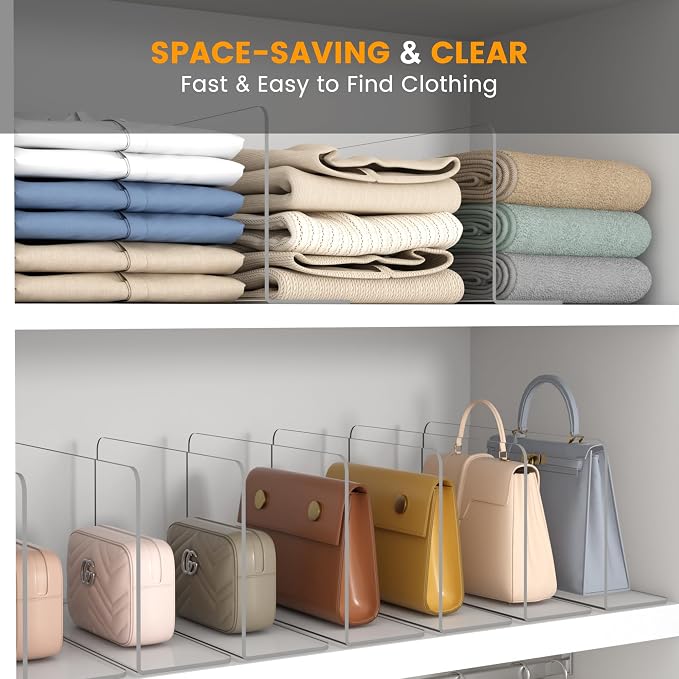 OKPOW Shelf Dividers for Closet Organization: 8 Pack Durable Clear Acrylic Divider Organizer for Shelves - Vertical Adjustable Shelving Separators for Clothing Purse