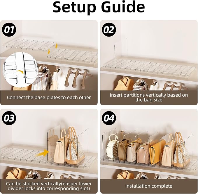 Stackable Bag & Purse Organizer for Closet Shelf Acrylic Shelf Dividers for Closet Organization, Clear Handbag Purse Storage Organizer Divider, Keep Clutch, Wallet, Pocketbook Upright, 4 Pack