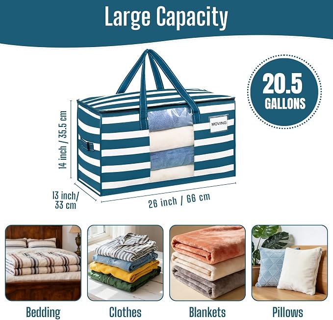 VENO 10 Pack Heavy Duty Moving Bags, Clothes and Comforter Storage Bags with Clear Window, College Dorm Essentials Packing Supplies, Foldable Boxes Alternative (Classic Navy Stripe, 10 Pack)