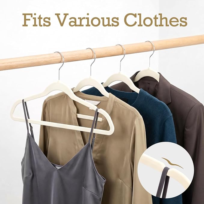 HOUSE DAY Ivory Velvet Hangers 60 Pack, Non Slip Clothes Felt Hanger Heavy Duty for Coat, Premium Slim Space Saving Suit Hangers for Closet Organizer, 360° Rotating Silver Hook