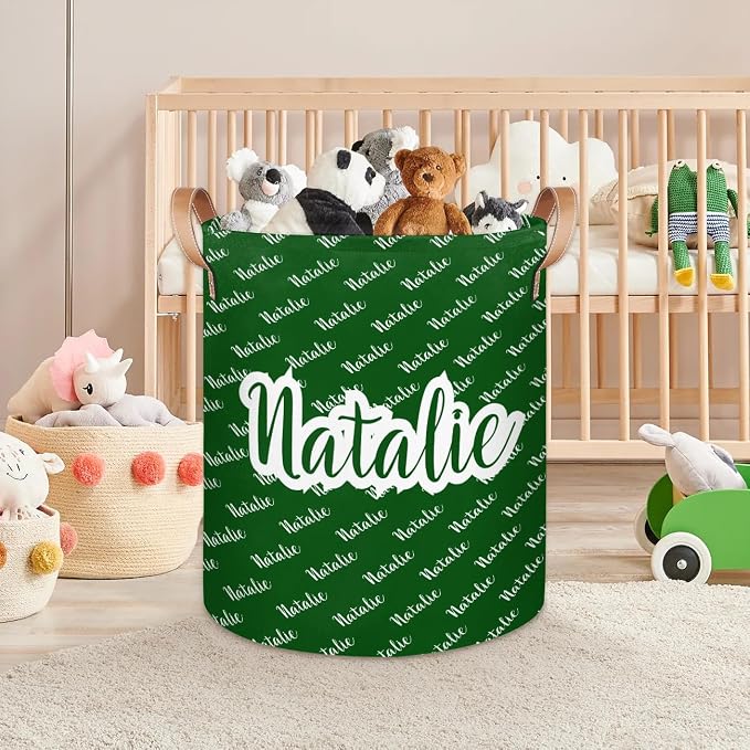 Personalized Laundry Basket, Custom Gift Laundry Hamper, Collapsible Nursery Waterproof Laundry Baskets, Dirty Clothes Toy Hamper with Handles Name Dark Green