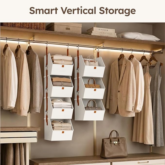 Homsorout Collapsible Hanging Closet Organizer - 6 Tier Closet Shelves Storage System with Hooks, Fabric Hanging Storage Bins for Clothes, Foldable Storage Basket for Laundry, Bedroom, Rv, White