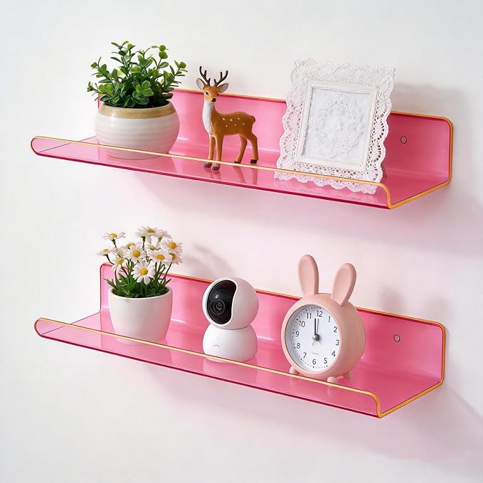 ROYALITA 2-Pack Acrylic Shelves Wall Mounted, 17 Inch Display Shelves | for Small Items Plants Organize Wall Shelves for Gaming Room, Bedroom, Living Room, Office, Pink