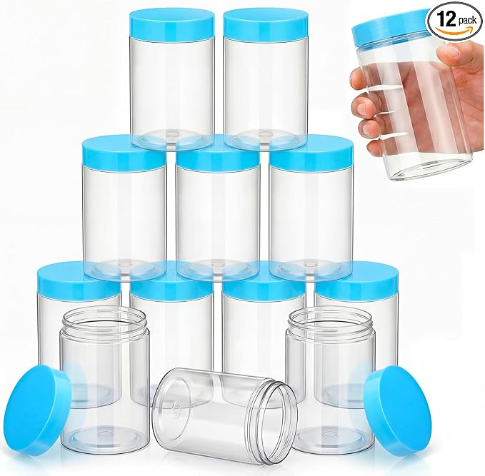 SATINIOR 12 Pack 12 oz Plastic Container Jars with Lids Round Clear Travel Cosmetic Container Slime Jars for Toiletries, Lotion, Cream, Ointments, Makeup, Rhinestone, Samples, Kitchen Storage(Blue)