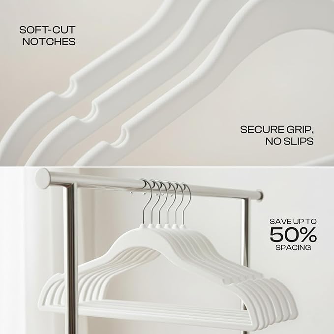 Utopia Home Velvet Hangers, White, 50 Pack | Luxury Non-Slip Slim Pant & Coat Hangers, Strong Space-Saving Clothes Hangers with Pants Bar and 360° Swivel Hook