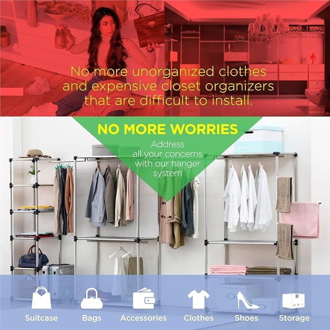 Letusto Premium Stainless Steel Freestanding Closet Organizer System - Easy Assembly, Durable, and Versatile - Heavy Duty Adjustable Portable Wardrobe Clothing Rack (3 Tier)