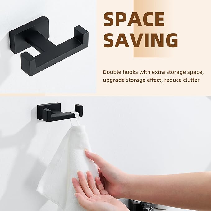 APLusee Double Robe Towel Hook, 304 Stainless Steel Square Dual Coat Hook, Utility Bath Kitchen Storage Hanger Holder, Matte Black