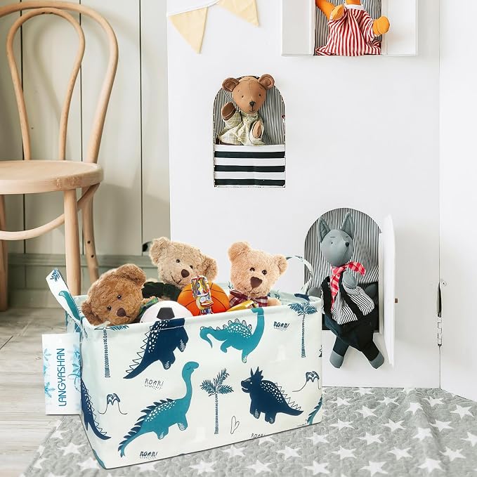 Rectangular Collapsible Storage Basket Nursery Organizer Green Dinosaur | Storage Bin Foldable Canvas with Handles for Organizing Home Kitchen Children Toys Office Closet Shelf Baskets